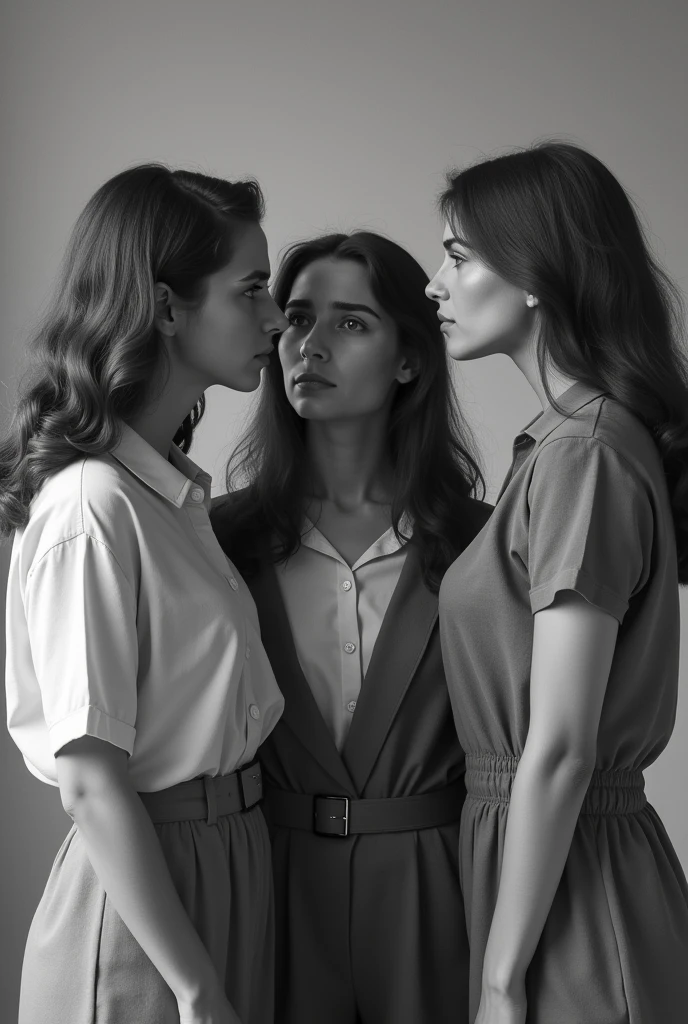 tres Adolescentes mujeres de 21 Años de edAd en el colegio y (dos de ellAs molestAndo ) A (unA de ellAs que estA seriA), imAgen de chicAs AntiguA en blAnco y negro