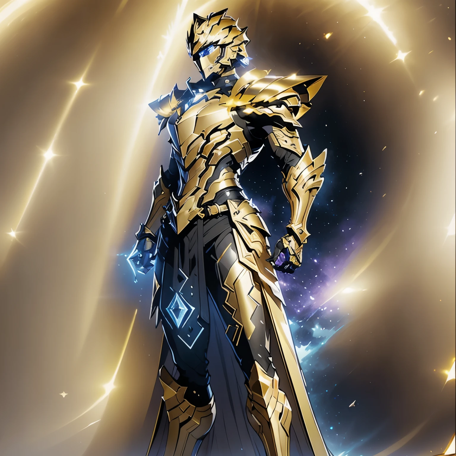 It's a man. The image presents a highly detailed and futuristic armor designed for a male warrior. The armor combines elements from different parts to create a cohesive and powerful look. Helmet: The helmet features a sleek, aerodynamic design with a golden metallic finish. It has a central crest that rises upwards, and the visor glows with a bright blue light, giving it a high-tech, futuristic appearance. Pauldrons (Shoulder Pads): The shoulder pads are designed to be close to the chest, with angular lines extending smoothly toward the shoulders. They have a polished golden finish and curve elegantly upward, creating a harmonious transition between the chest and shoulders, while providing a majestic and protective look. Chest Plate: The chest plate is intricately segmented, with a combination of gold and dark metallic blue. It has a gem-like crystal in the center that emits a soft, mystical glow. The design of the chest plate is both protective and regal, with sharp, angular lines that add to the overall futuristic aesthetic. Arm Guards: The arm guards are sleek and streamlined, with articulated golden and purple segments that offer flexibility and protection. The design of the gauntlets is both robust and elegant, incorporating futuristic elements that blend with the classic style. Leg Armor: The legs are armored with segmented plates that are primarily gold and purple. The boots are angular and sturdy, with a design that conveys both strength and agility. The overall look of the leg armor is grounded yet sleek, completing the ensemble with a powerful stance. The background of the image is a dark cosmic scene, filled with distant stars and nebulae that highlight the polished surfaces of the armor. Dynamic lighting is used to emphasize the key features, particularly the glowing visor and central chest gem, reinforcing the mystical and imposing nature of the warrior.