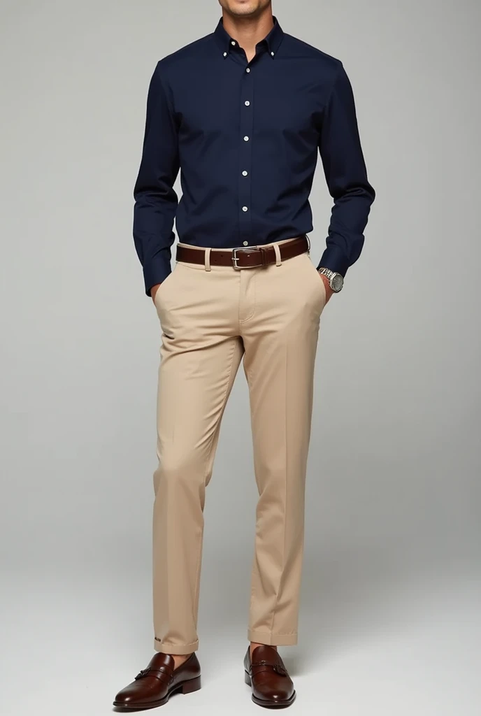 Create a graduation look with a navy blue dress shirt tucked into beige tailored pants, brown loafers and a belt in the same color as the loafer, and a silver watch.