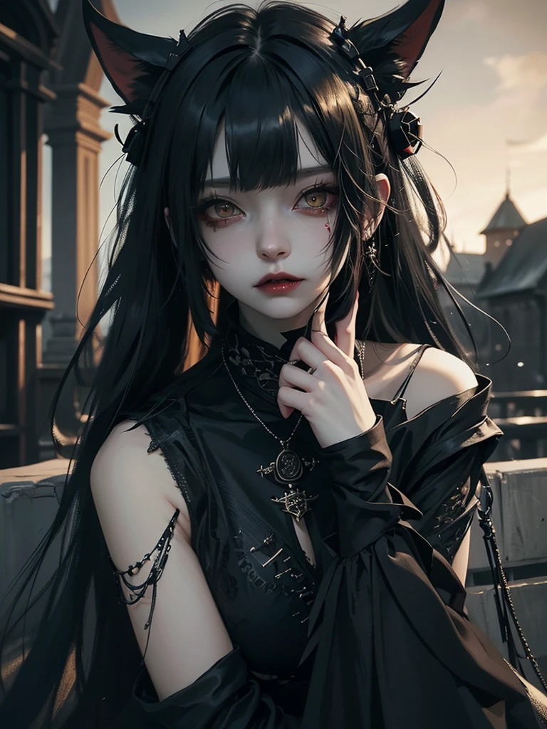 Highest quality、8K、masterpiece:1.3、Gothic Punk、The inside is red、Black-haired、hair ornaments、Beautiful girl、creative、Dark Fantasy Style、Neogoth、Goth Fashion:1.2、Yellow Eyes、I can see the fangs、Castle at night