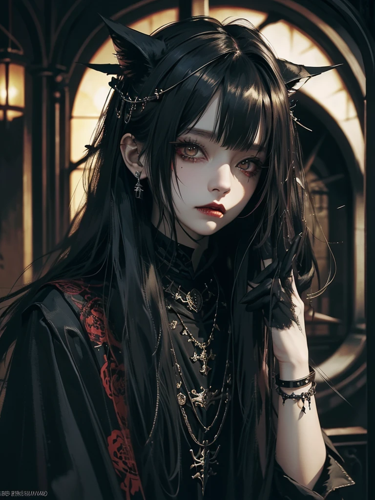 Highest quality、8K、masterpiece:1.3、Gothic Punk、The inside is red、Black-haired、hair ornaments、Beautiful girl、creative、Dark Fantasy Style、Neogoth、Goth Fashion:1.2、Yellow Eyes、I can see the fangs、Castle at night
