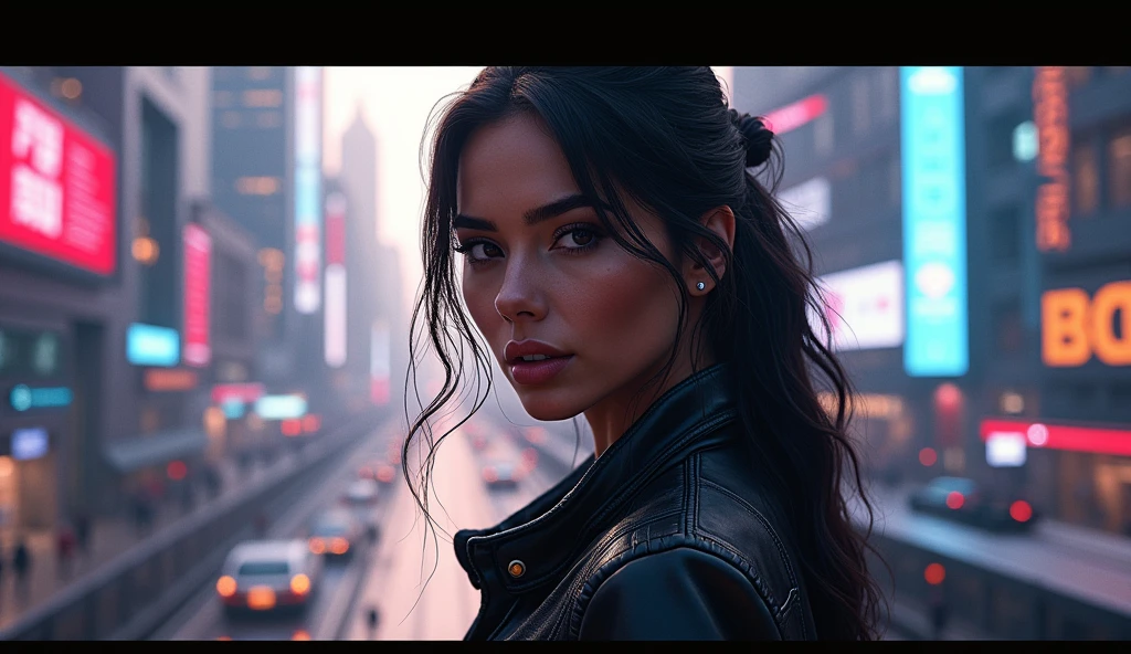 (a futuristic cyberpunk city landscape inspired by the art of juan gimenez,oil painting of a beautiful Mexican woman,cinematic lighting,dramatic shadows,dynamic angles,intricate details,advanced technology,neon lights,skyscrapers,flying vehicles,moody atmosphere,hyper realistic,cinematic composition,masterpiece,best quality,8k,photorealistic,ultra-detailed)