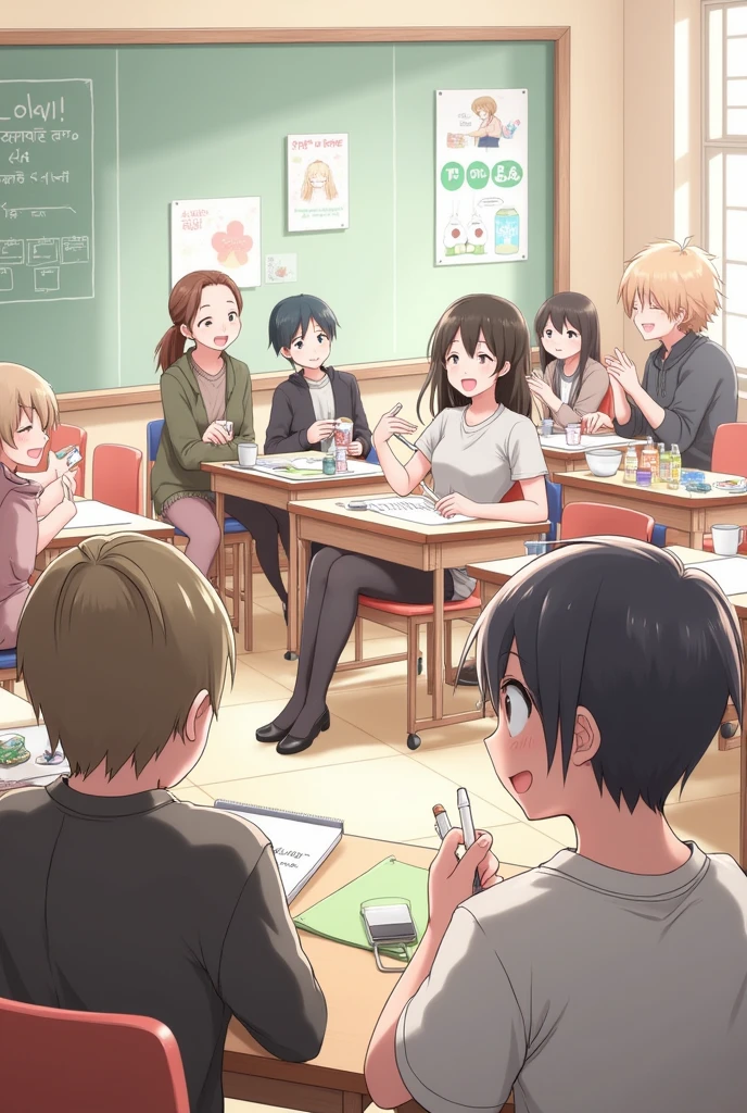 General shot of the classroom with the club members finishing the practice. Miyu smiles as one of the members expresses his nervousness.