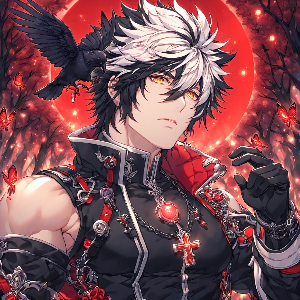 absurdres, highres, ultra detailed, HDR, master piece, best quality, extremely detailed, detailed face, detailed eyes, Raven, spiked hair, bicolor hair, right side black hair, left side white hair, expressive yellow eyes, Elsword, solo, sexy man, handsome, manly man, adult face, black coat, sleeveless, detached sleeves, cross necklace, black gloves, close up, magical, fantasy, under a red trees, forest, red leaves, red flames, red moon, red fireflies, red roses, red butterflies, glass magic