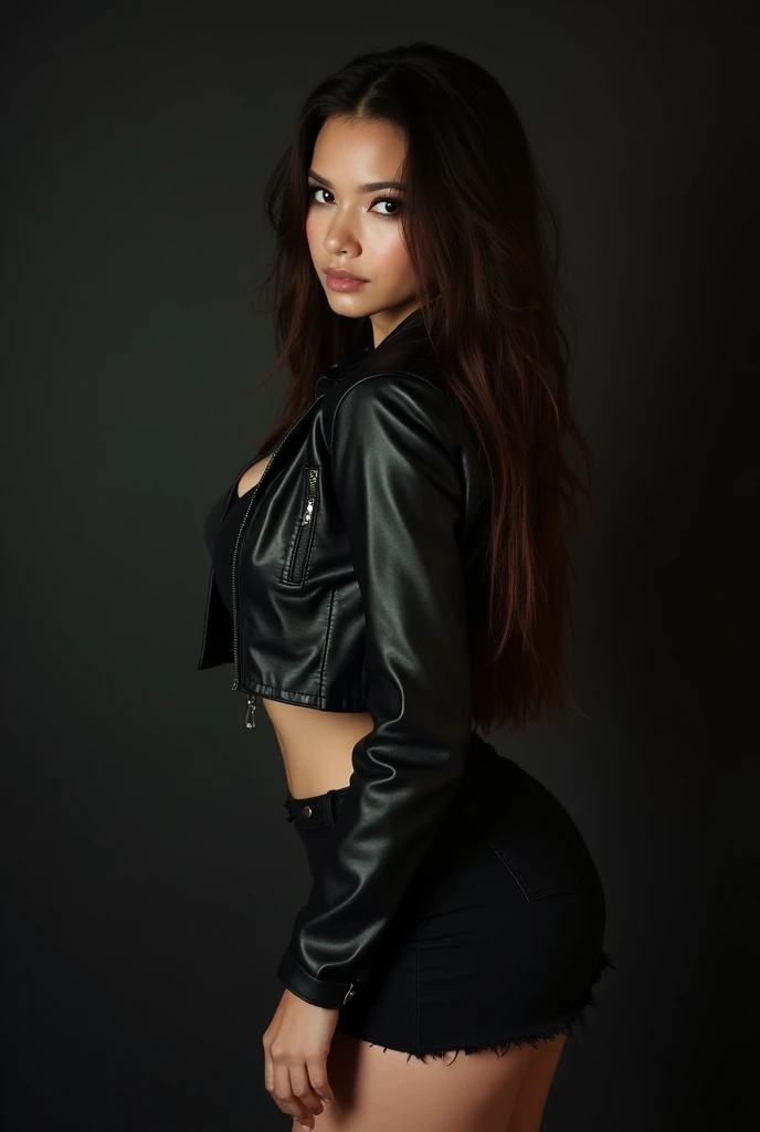 cute white skinned girl. beautiful grunge queen with long straight brown hair on sensual or sugestive pose on black plastic jacket on sexy pose with black leather jacket and mini skirt posing for a picture with her hands on her hips and her back turned, Eve Ryder, american barbizon school, black, a digital rendering