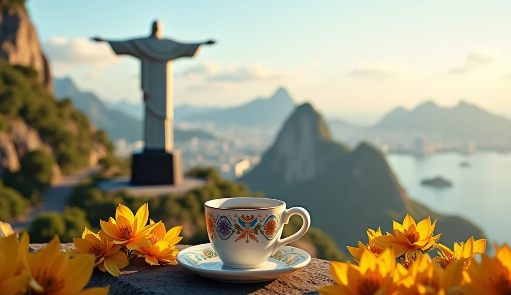 Create Christ the Redeemer overlooking Rio de Janeiro city, a small, yellow, green latte cup adorned with intricate Art Nouveau designs sits atop a bed of autumn leaves and yellow flowers scattered around. Creative composition, trending on ArtStation.