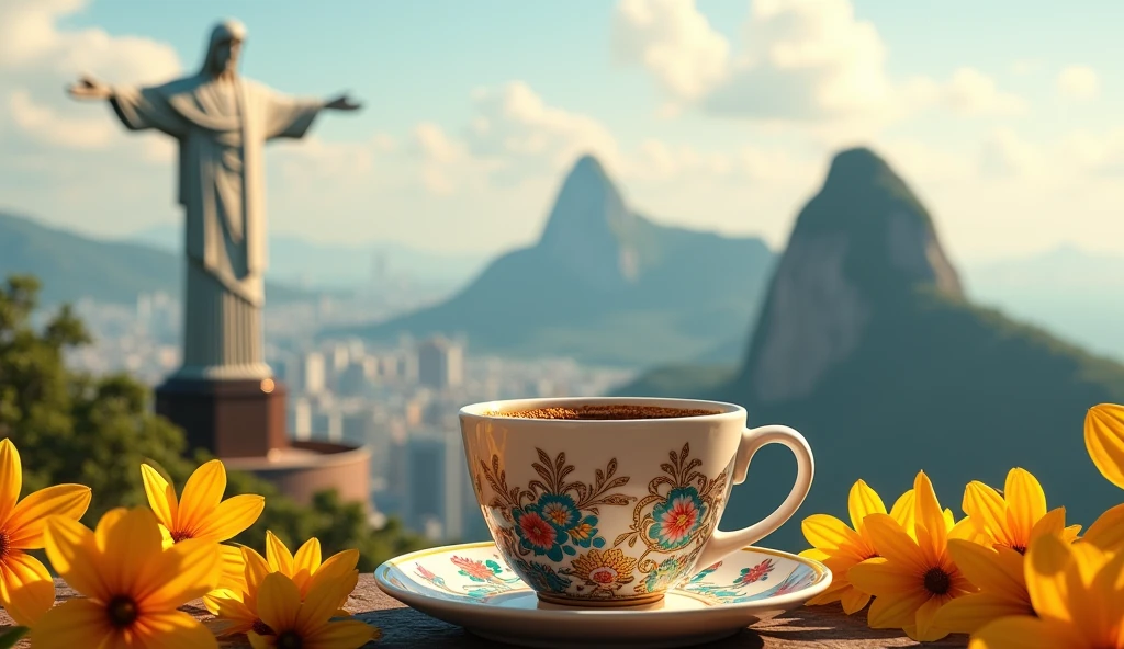Create Christ the Redeemer overlooking Rio de Janeiro city, a small, yellow, green latte cup adorned with intricate Art Nouveau designs sits atop a bed of autumn leaves and yellow flowers scattered around. Creative composition, trending on ArtStation.