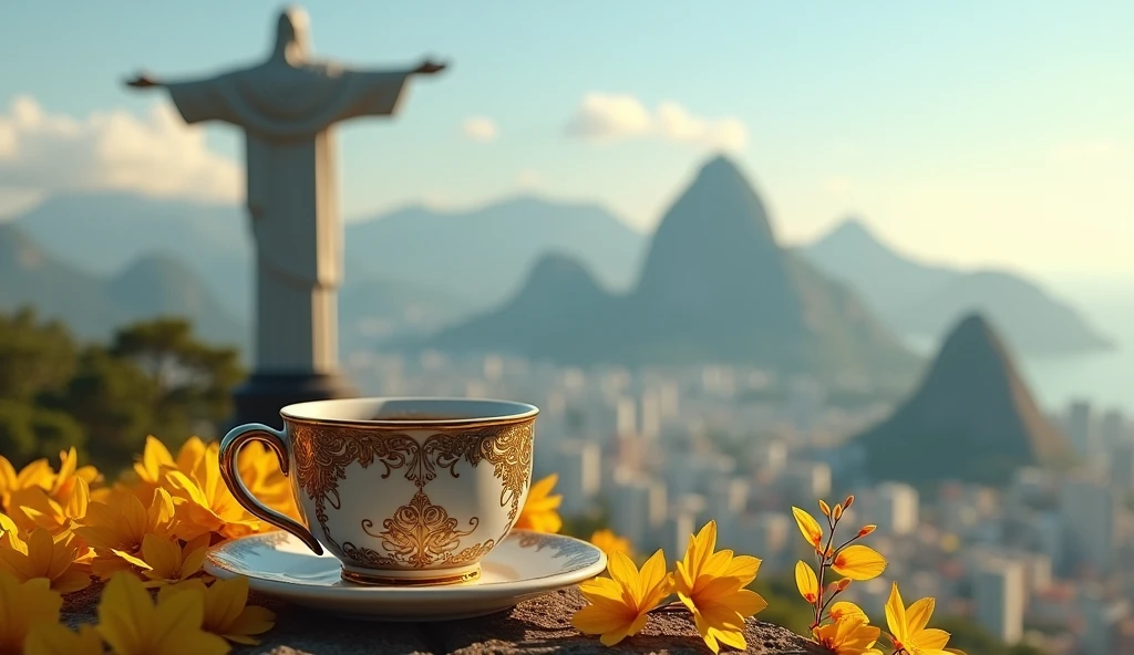 Create Christ the Redeemer overlooking Rio de Janeiro city, a small, yellow, green latte cup adorned with intricate Art Nouveau designs sits atop a bed of autumn leaves and yellow flowers scattered around. Creative composition, trending on ArtStation.