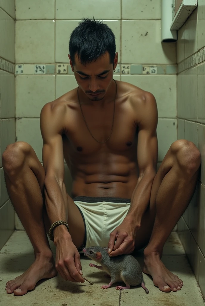 Skinny, muscular young Bolivian man sitting in dirty white underwear on the floor of a public restroom, with a very large mouse between his legs, sniffing licking your underwear.