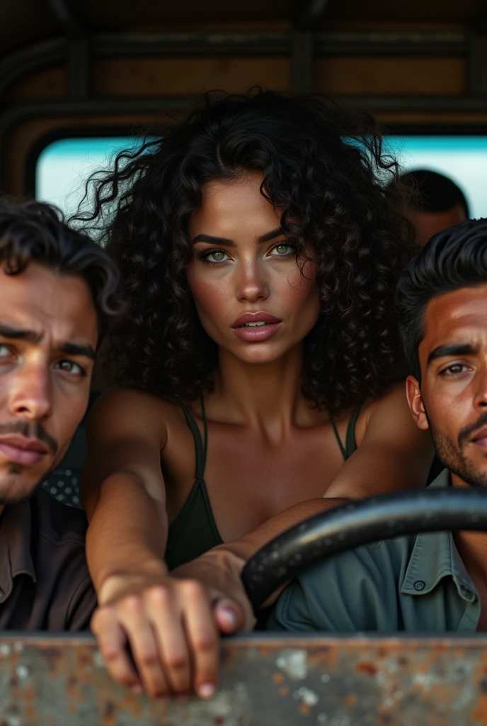 (photorealism:1.2), una sexy curly black hair russian woman, Inside a flatbed truck with a group of Mexican migrants