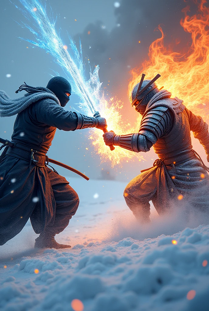 a ninja,with fire powers,fighting with a samurai,with ice powers.