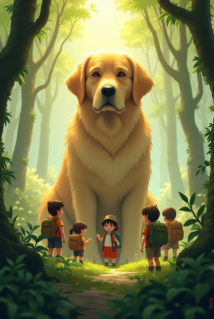 1. style: "3d", "Fantasy Illustration", "Ghibli style"

2. scene: "mysteriousな森", "Foggy forest"

3. character: 
   - "Huge and cute golden retriever" 
   - "Five little adventurers with backpacks"

4. illumination: "Fantastic Light", "wood々Light coming in from between"

5. tone: "暖かなtone", "Green and gold contrast"

6. details: 
   - The golden retriever is slumped behind him. - One of the adventurers is looking this way. - The adventurer、- He has a disinterested look. "苔むしたwoodの根"
   - "Fern plants"
   - "Forest Path"

7. composition: "Tiny adventurers versus giant animals"

8. atmosphere: "mysterious", "Inspire your sense of adventure", "Fantasy"

9. texture: "Soft coat", "Bark detail"

10. time zone: "In the morning haze" or "At dusk"
