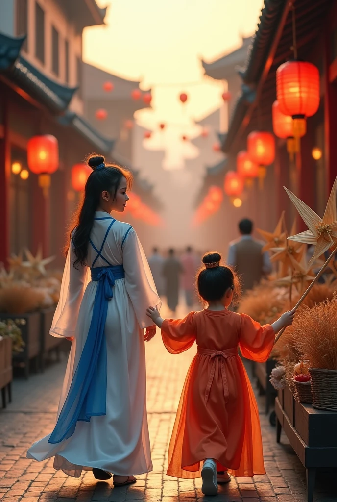 Real people in ancient China, Tang Dynasty, Han Fu, a young woman in a white and blue dress and her younger sister in an orange and red dress are walking in a market on a city street, stopping at a roadside stall selling bamboo windmills and choosing with happy expressions. The surrounding atmosphere at dusk, lit by lanterns all over the market.