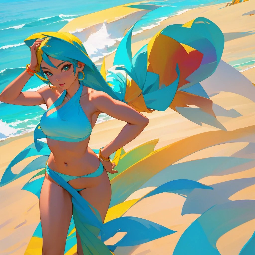 A photo of a woman with Asian features posing for a photo while wearing a bikini. She has a large bottom and a thin waist. The background is a beach with white sand and turquoise water. The sky is clear with a few clouds.