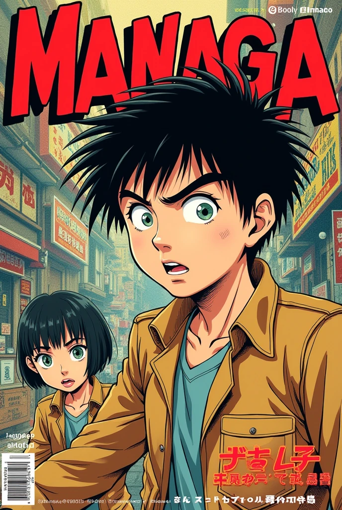 a close-up of a magazine with a cartoon in it, a manga drawing by Rodolfo Amoedo, winner of the pixiv contest, Escola Ashcan, manga 1990, manga 1 9 9 0, comicbook cover, 1990 manga panel, manga cover, comicbook cover de mangá, manga and anime 1990