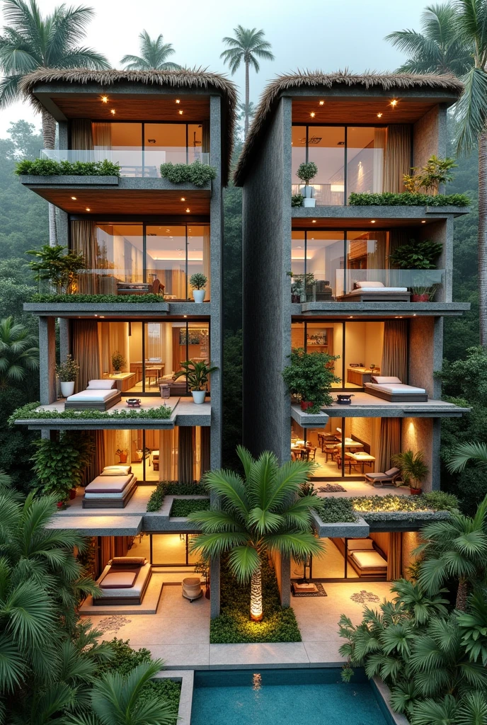 Create two 4-story floor plans with the tropical architect with 40 square meters 