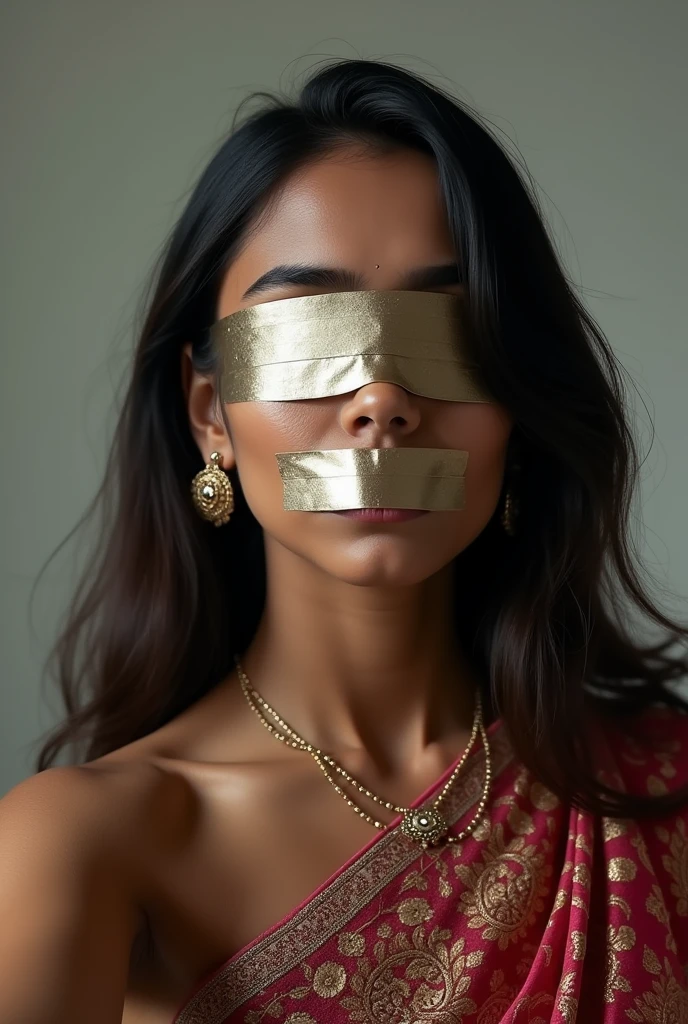Aesthetic Indian Girl blindfolded Duct tape gagged in shimmering prom saree Taking selfie