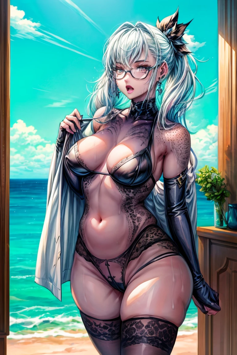 a cat woman with freckles, dark brown eyes, and an upturned nose, she is very happy, she has long wavy black hair, wearing aviator sunglasses with clear lenses in a soft watercolor style. The girl's clothes must be in pink, purple, and blue in celebration of the bisexual, with stains of ink and watercolor mixing and filling the scene. There should be a subtle, nuanced change in colors using the impasto technique with gouache paint. There should be a light rain in the watercolor painting with a little watercolor paper texture and a pastel background.