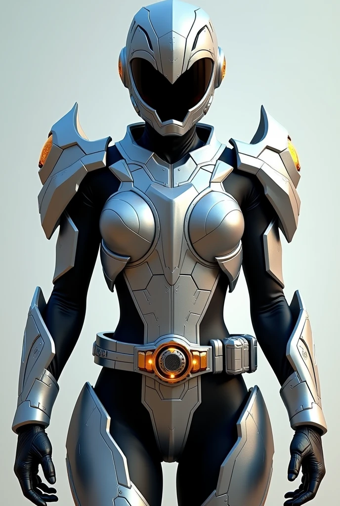 Power Ranger Black girl in full shining armor with armor covering her face too, facing front