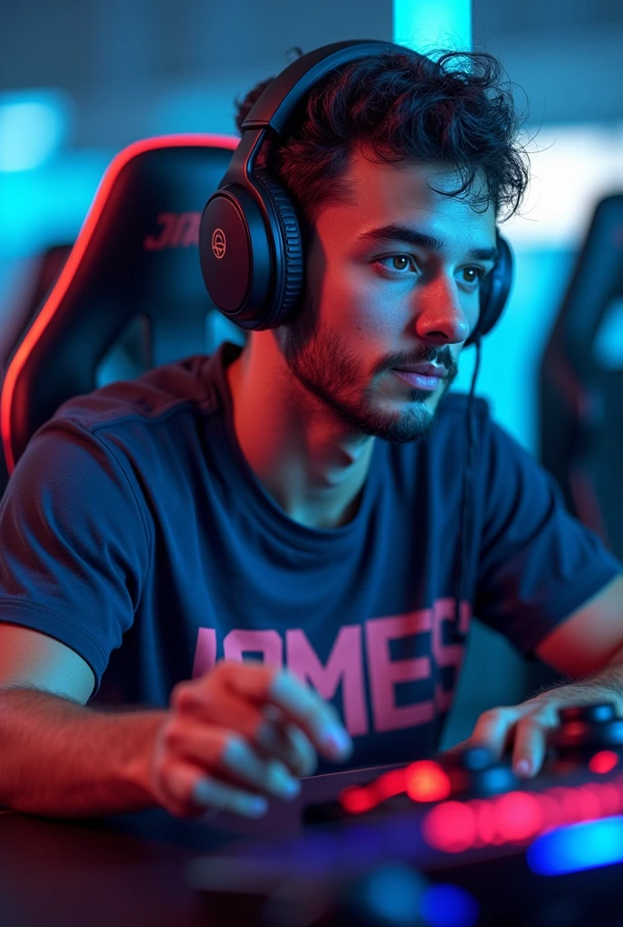 Make an image of a video game player with the shirt written "JAMES" well highlighted, this player&#39;s name is "acey"