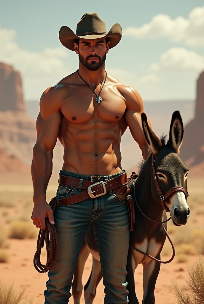 5 handsome attractive shirtless cowboy man with a rope donkey at his side