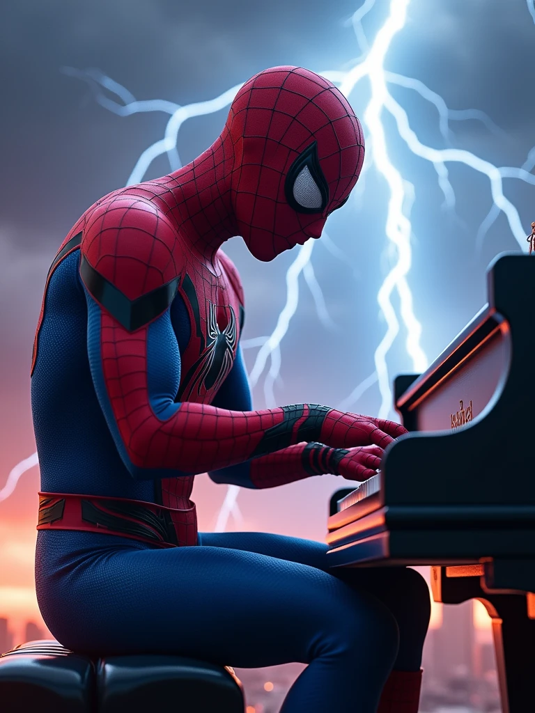 Rock Spiderman marvel by playing the piano with a thunder background and a very rock vibes.