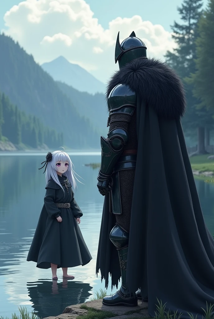 Fassa medieval knight in dark armor with a dark medieval helmet which covers his entire face with a cape made of dark wolf fur watching his beautiful anime wife playing and having fun by a lake happily, His wife has white hair and bright purple eyes while dressed in a dark medieval cloak.