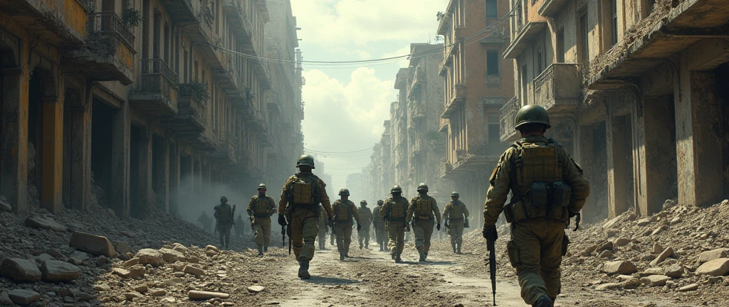 1970; (masterpiece, best quality) destroyed city (Buenos Aires) soldiers marching through the streets