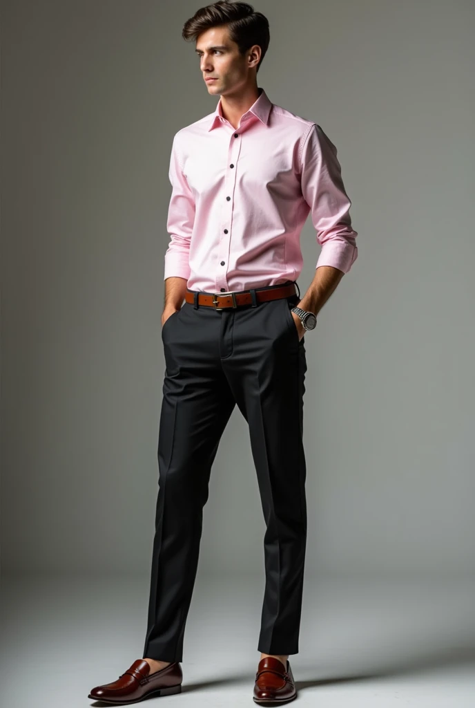 Create a graduation look with a light pink dress shirt tucked into black tailored pants, brown loafers and a belt in the same color as the loafer, and a silver watch.
