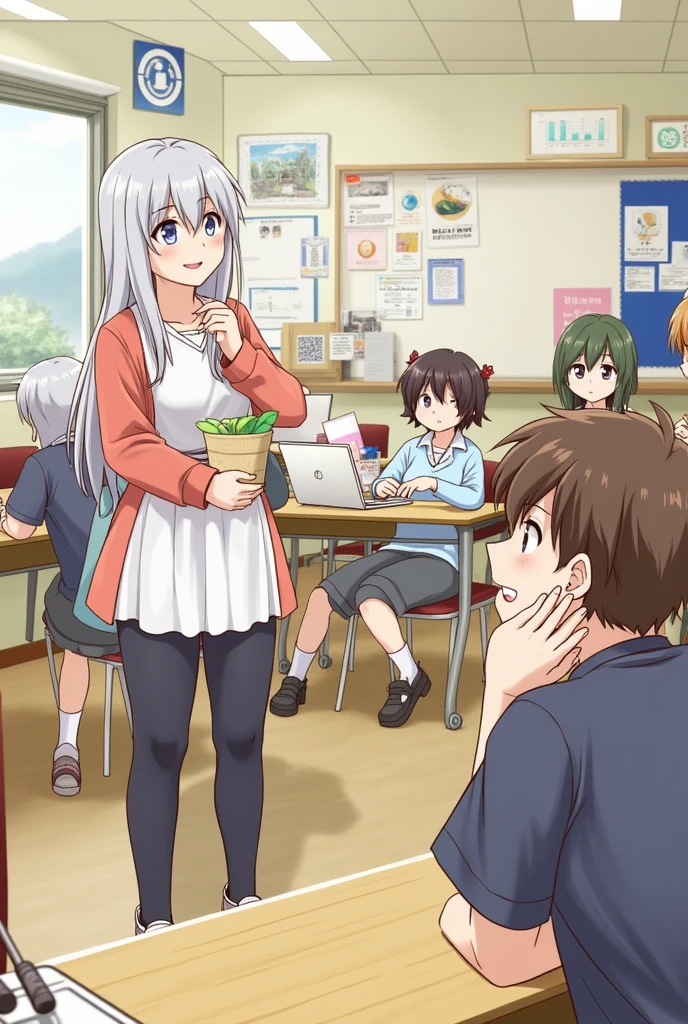 General shot of the classroom with the club members finishing the practice. Miyu smiles as one of the members expresses his nervousness.