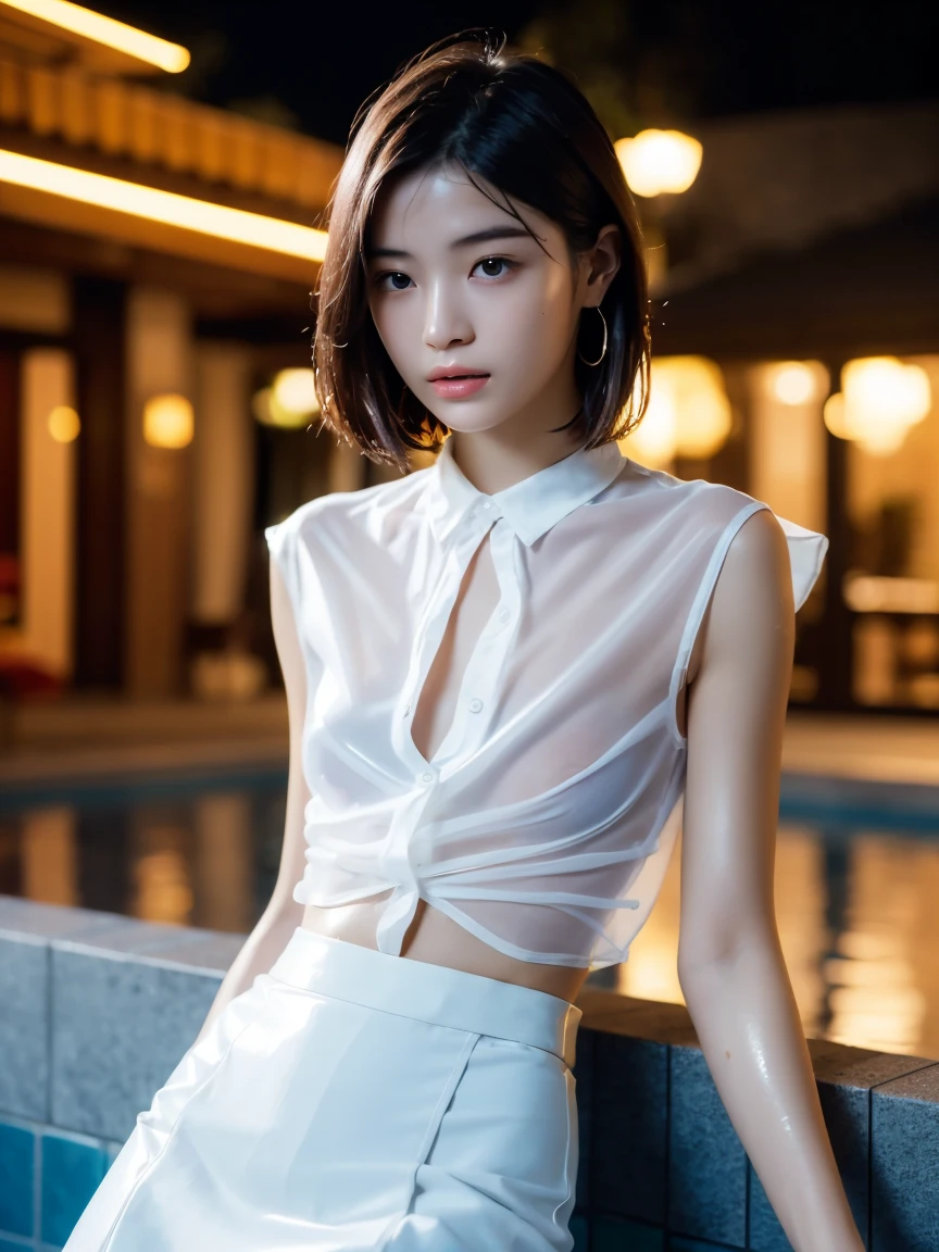 masterpiece:1.2, Very detailed, Ultra-high resolution, Realistic, photo Realistic:1.6, High-resolution RAW color photos, Professional photos, Sharp focus:1.2, Very detailed顔と肌の質感, Very beautiful eyes, Glossのある肌, Glowing Skin, Glowing Skin, Shining Face, Gloss, Oily skin, greasy face, Oily skin, greasy face,, real Glossのある肌 texture, Perfect Anatomy, Very detailed背景,(Luxury resort at night),1 female,2 woman, Japanese women,height: 168cm,short hair, Straight hair, bangs, Brown Hair,((Flat Chest:1.6)), ((See-through white sleeveless shirt、See-through white mini pencil skirt)),(A wet and very transparent shirt:1.6、A wet and very transparent skirt:1.6),(Shirt with open front:1.5),Luxury earrings、Luxury Necklace、A wet and very transparent shirt、A wet and very transparent shirt、Invite to sex