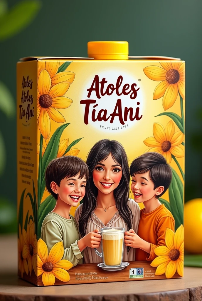 Product box with the Atoles Tia Ani logo with a woman and 3 happy children drinking Atol drawing and yellow flowers and besh