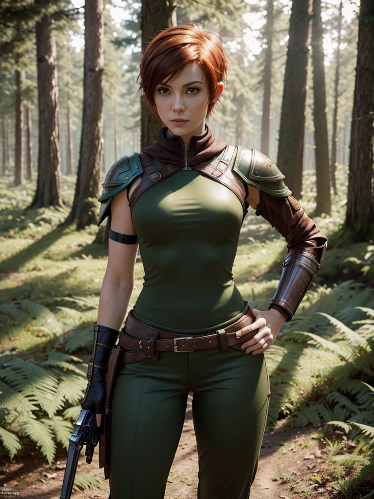 slim feminine figure, redhead, best quality, realistic skin texture, photography, film grain texture and high contrast, extremely high-resolution details, photographic, photorealistic, hyper-realistic, HDR, masterpiece, ((short pixie hair)), dressed up as a hunter from world of warcraft, full hunter armor, a green lust forest in the background, brown pants, armored shoulder-pads