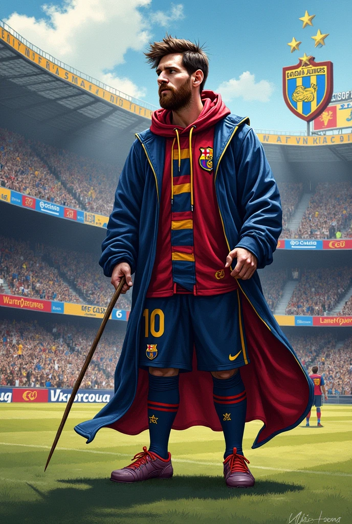 Create an image in which the football player Lionel Messi is, Harry Potter, and the Boca Juniors football club in drawing format