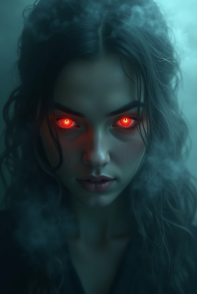anime art ((a female vampire's pair of glowing eyes shines)) close up picture, (((the fog hides the face))), you see only the glowing eyes , you see only the pair of eyes, fantasy dark alley background, the fog fills the alley, you see only the glowing eyes, white hair