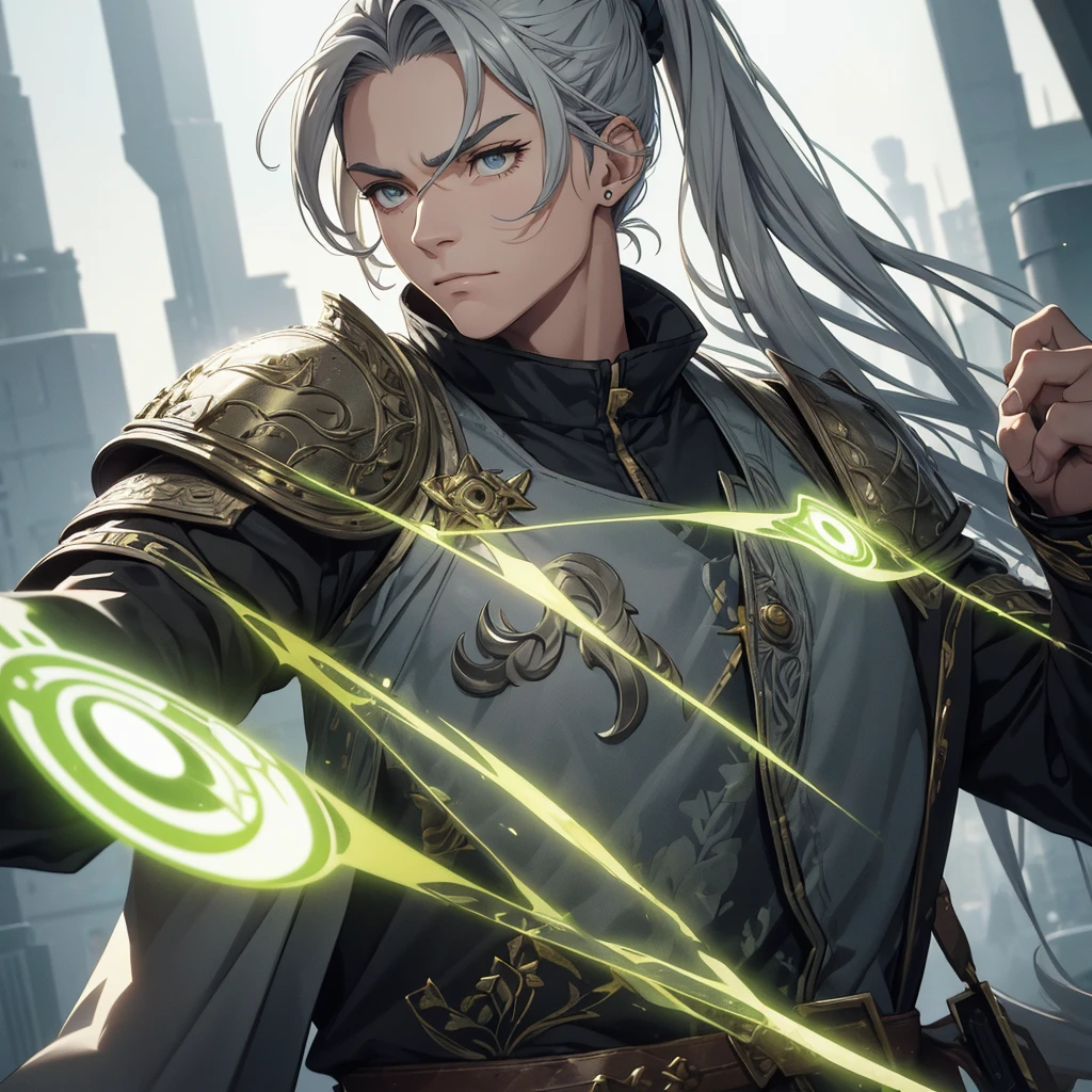 Middle aged man. eyeballs. greens. half gray hair ponytail. cicatriz. Gray clothes with gold Viking style details and armor