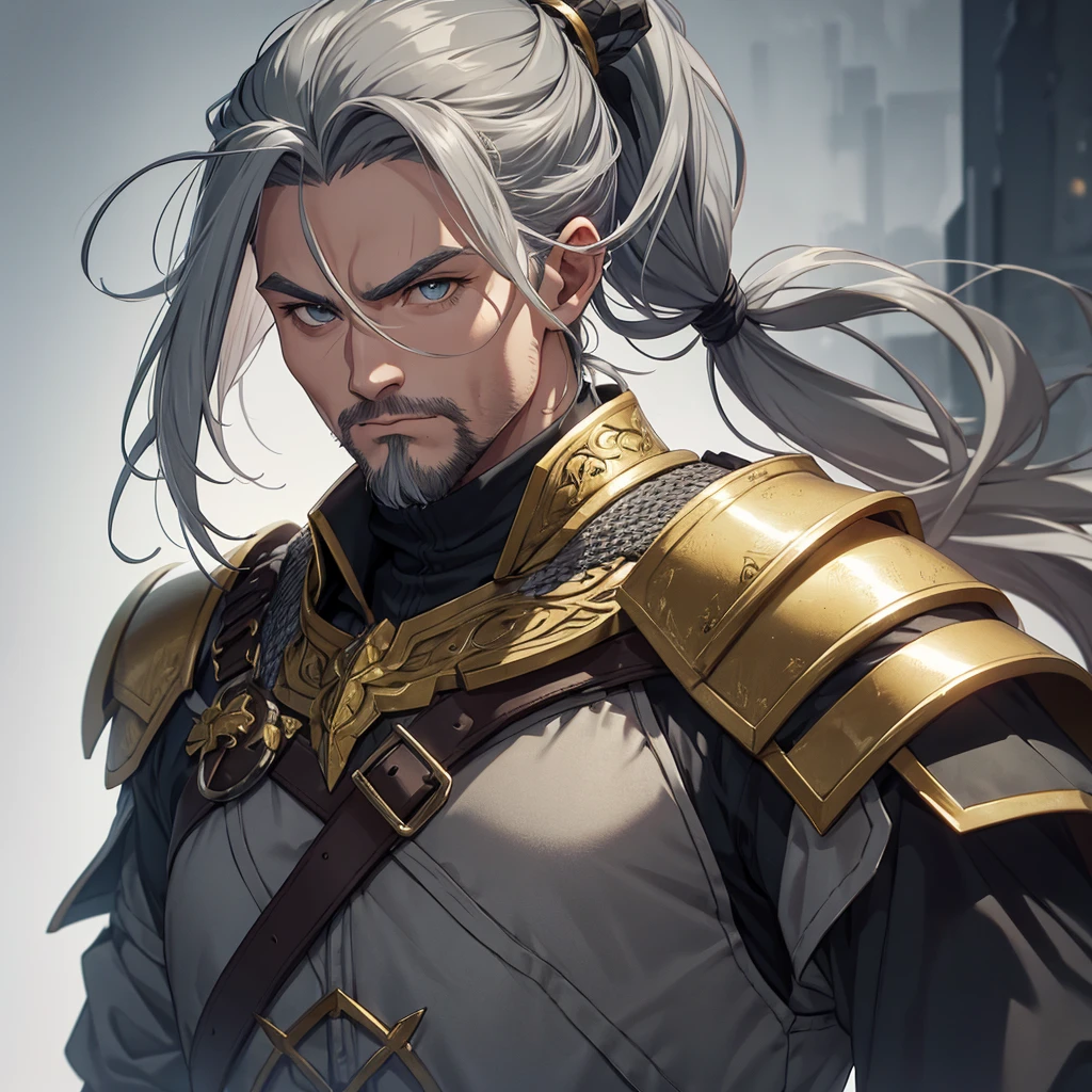 Middle aged man. eyeballs. greens. half gray hair ponytail. cicatriz. Gray clothes with gold Viking style details and armor
