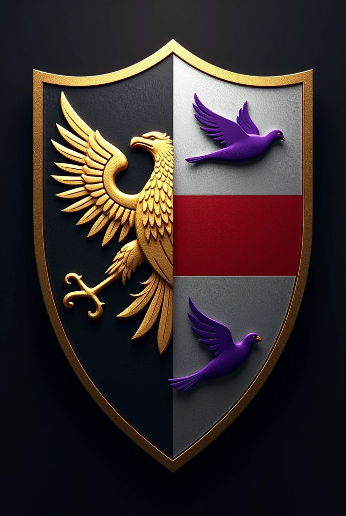 split shield, being the first in black, half golden eagle extended, and the second silver, a strip of red, accompanied by two purple doves, flying, one in chief and one in tip; timbre: unknown.