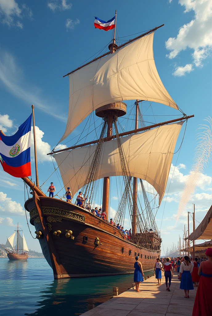river school sailing vessel of the brigantine schooner type with the Paraguayan flag called BE GUARANI with white sails and the topmen dressed in blue, white and red standing on the masts ,The ship docked in the port of Asuncion with people on the dock welcoming it with fireworks and women dancing the bottle dance