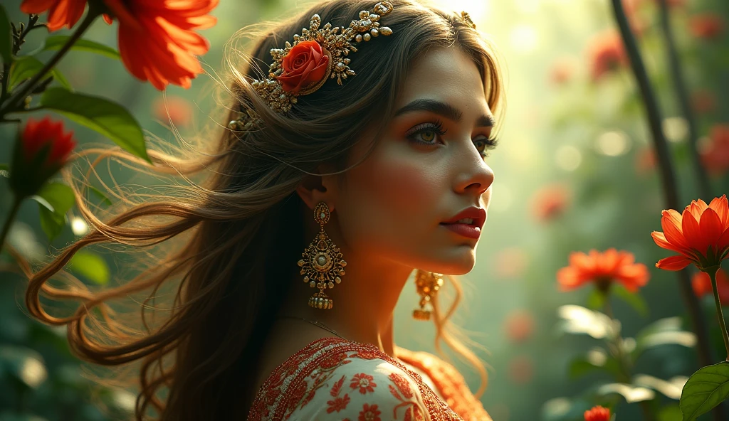 a beautiful angel woman, salwar kameez sexy e quente na selva, extremly detailed face and eyes, long eyelashes, shining skin, beautiful detailed lips, detailed hair, complex jewelry, detailed floral background, sunlight shining through the leaves, swirly vibrant colors, High quality 8K, cinematic lighting, fantasy art style, Nu photorealistic