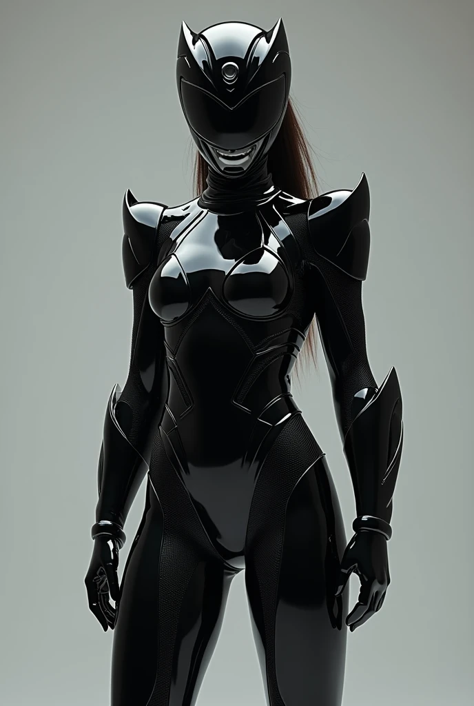 Power Ranger Black girl in full shining armor with armor covering her face too, facing front, color BLACK