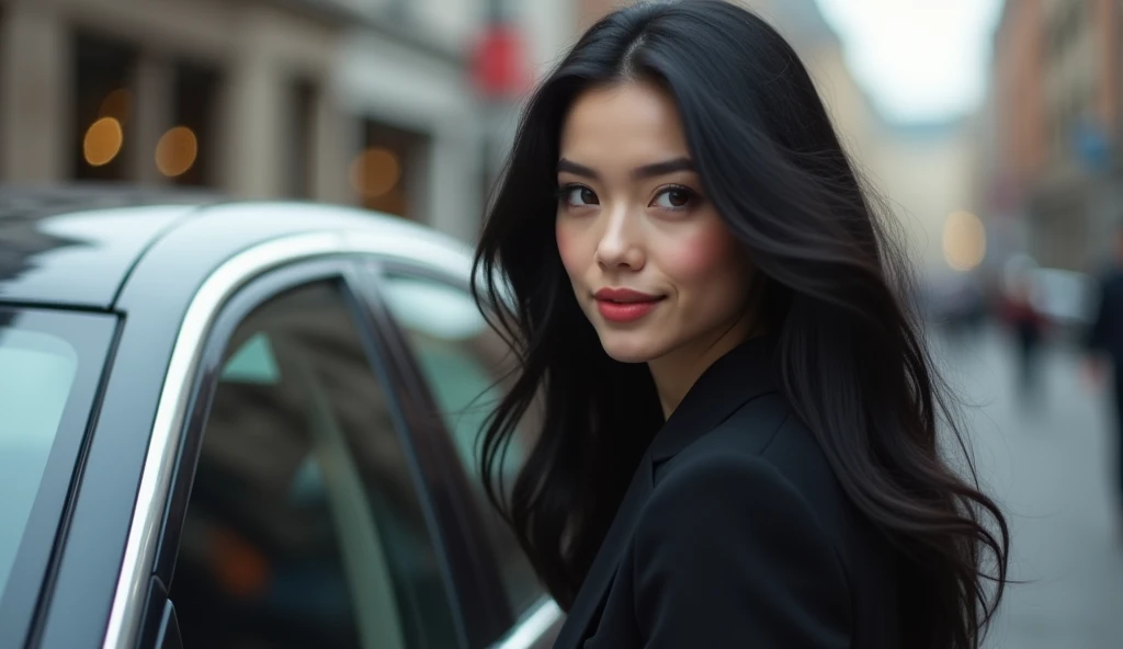 white woman with long black hair with british appearance, ultra realistic beautiful woman with detailed face impressed while getting into car