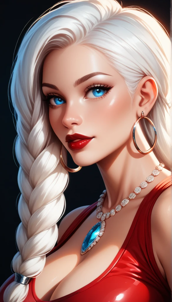 score_9, score_8_up, score_7_up, score_6_up, score_5_up, score_4_up ,hot beautiful women,blue eyes, white hair braid, large breasts, necklace,big hoops earrings ,red lipstick , detailed eyes , big breasts,bunny combat suit