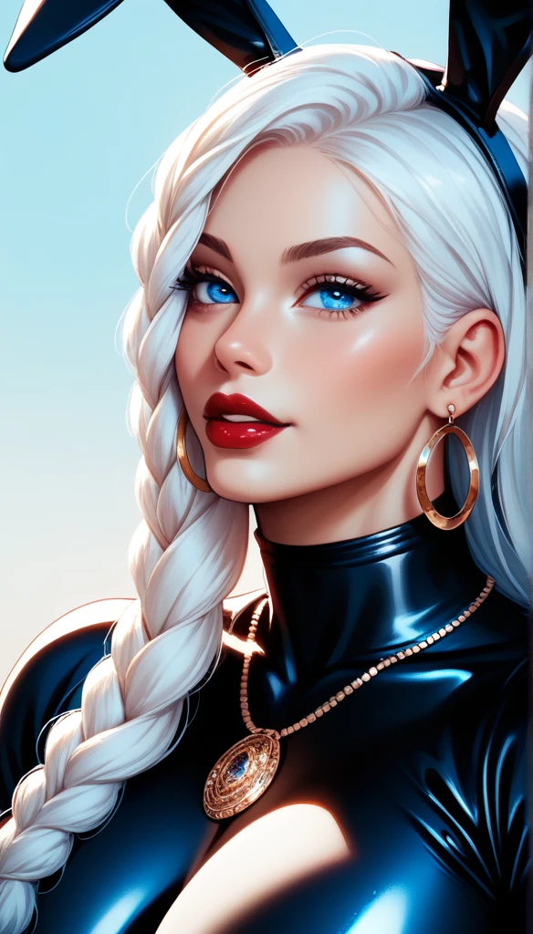 score_9, score_8_up, score_7_up, score_6_up, score_5_up, score_4_up ,hot beautiful women,blue eyes, white hair braid, large breasts, necklace,big hoops earrings ,red lipstick , detailed eyes , big breasts,bunny combat suit