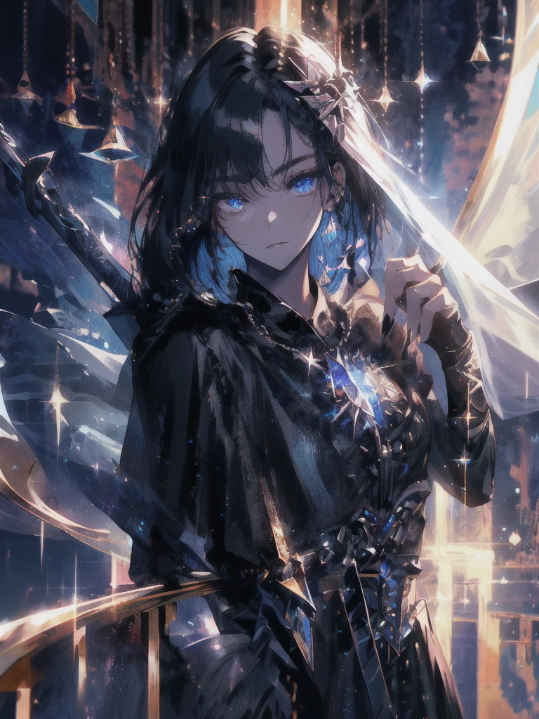 Holding a one-handed sword、Please take the black sword.、((masterpiece, highest quality, Super detailed, High resolution)), alone, beautiful girl, shining eyes, perfect eyes, , black white gold theme,