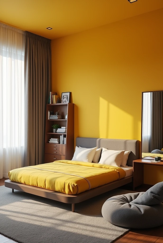 Generate a room having a double bed in middle on the left side a bean bag and on the left side wall white floor to ceiling curtains on the right side study table for two with attached wardrobe just a little above of the table a side to side bookshelf just next to wardrobe on the front wall of bed a floor to ceiling mirror 3 large portrait photo frame on the backwall of bed keep the room in bright yellow colour and furnitures in dark brown and a carpet from below of bed to below of bean bag keep the colour of bean bag grey 
