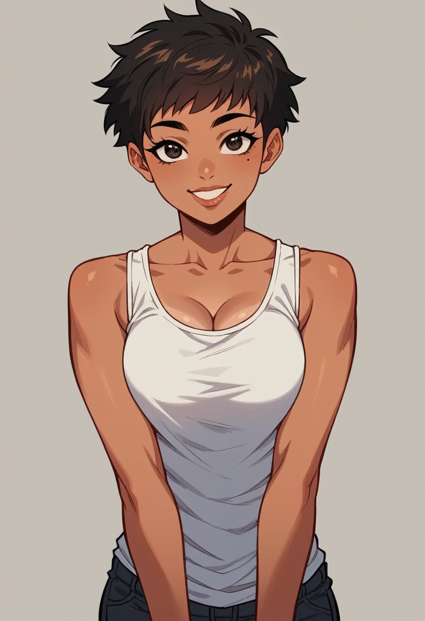 {4k image}, 1 Beautiful Brazilian woman, short (blond) hair (pixie), tanned skin,big dark rond eyes, busty, wide lips, 1 mole, smile, wearing a tank top (yellow), background city (unfocused), simple smile, manga lineart (with colors), {just face and chest photo}, {centered image}