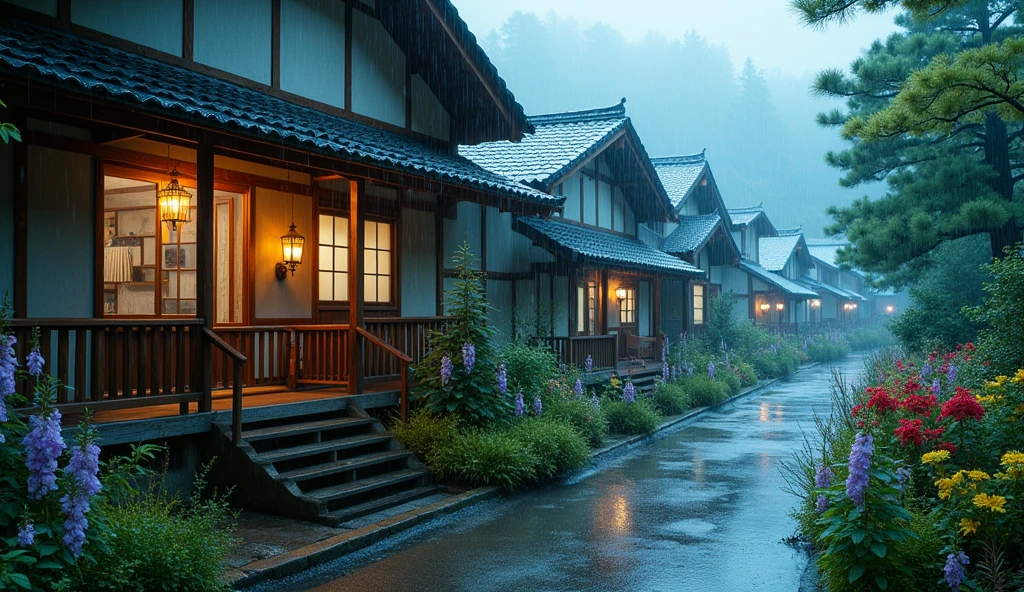 house on wet street with balcony overlooking outside in village, clear glass window, Shirakawa-go, Japan, rainy environment, (((FHD))) (((high definition))), green garden, trees, rainy day, lights, pine, night ambience, lights cozy in the rain, lush japanese landscape, japanese house, rain, fog, , ultra-fine photography, realistic, realistic, purple, red, yellow flowers, real picture