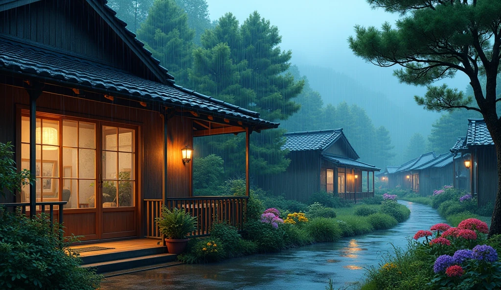 house on wet street with balcony overlooking outside in village, clear glass window, Shirakawa-go, Japan, rainy environment, (((FHD))) (((high definition))), green garden, trees, rainy day, lights, pine, night ambience, lights cozy in the rain, lush japanese landscape, japanese house, rain, fog, , ultra-fine photography, realistic, realistic, purple, red, yellow flowers, real picture