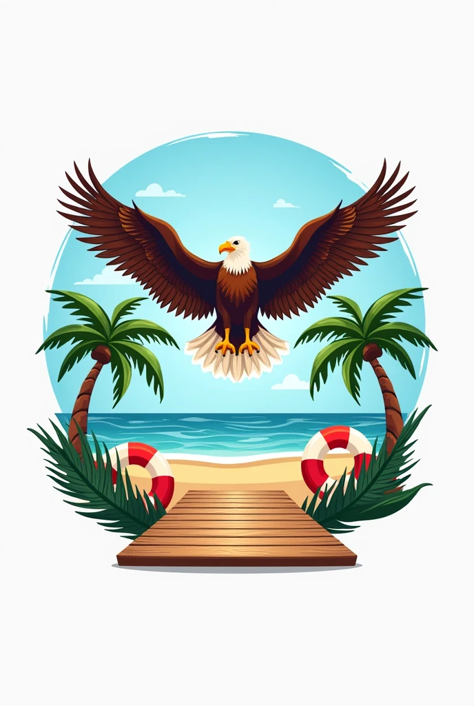 Create a logo for me with the name Balneário Aguiar containing buoys, beachfront, floor, guarda floor, drops of water and some coconut trees and an eagle with open wings above the logo